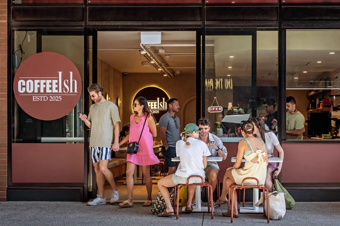 The CoffeeIsh shopfront on Fish Lane, customers at the window tables and the lit sign inside.